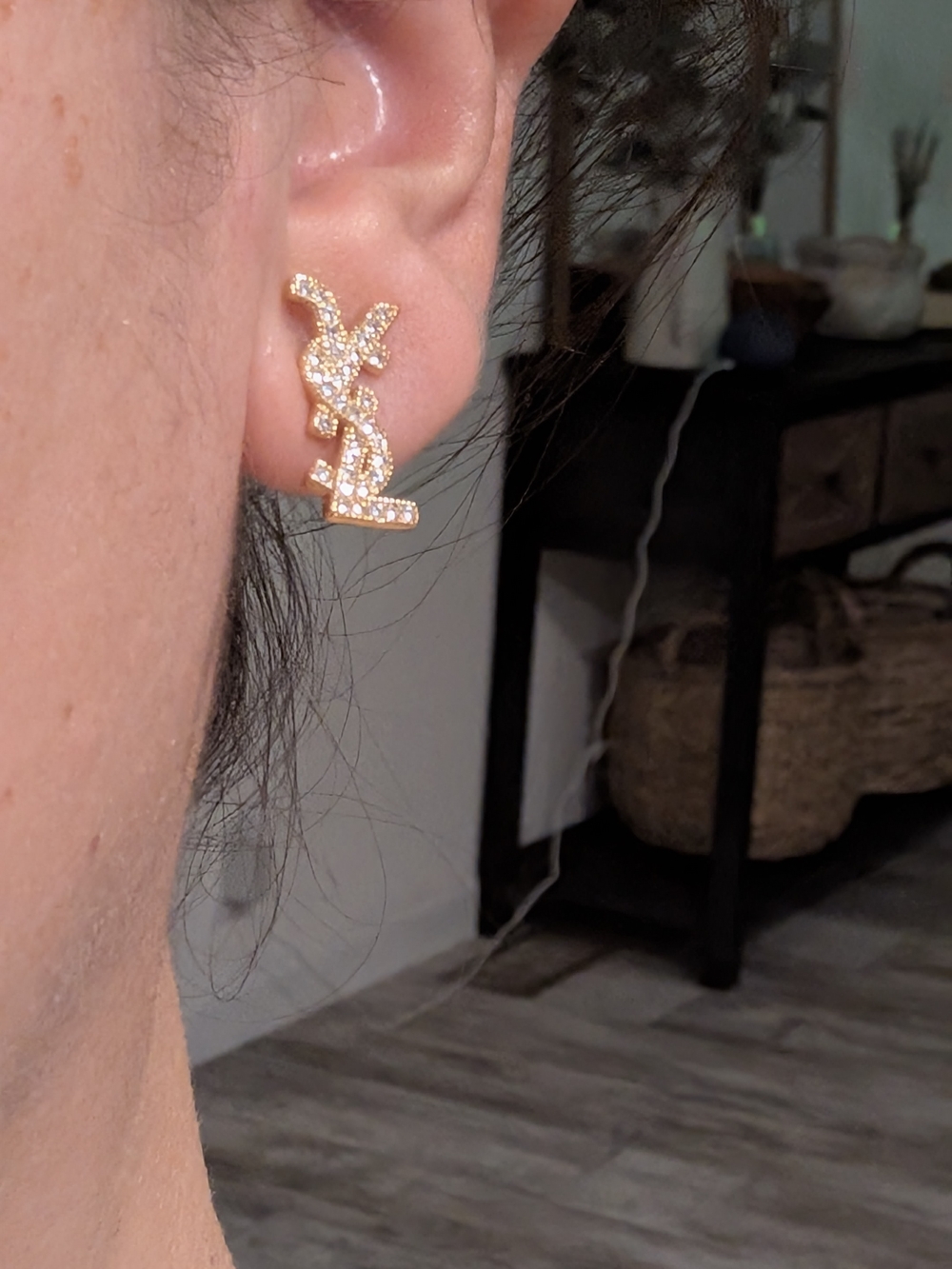 Yves Saint Laurent Crystal-Embellished Gold YSL Logo Stud Earrings - Picture 9 of 12